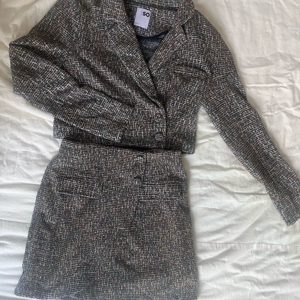 SO Black and White Tweed Blazer and Skirt Set